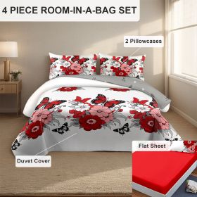 4-Piece Red Butterfly Floral Bedding Set (Queen/King/Cal King) - Microfiber Duvet Cover + Pillow Shams + Fitted Bed Sheet (Color: red butterfly peony, size: Cal King)