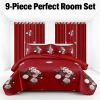 9-Piece Burgundy Red Floral Bedding & Curtain Combo Set, Vibrant Crimson Quilted Bedspread with 6 Light Filtering Window Panels & 2 Shams