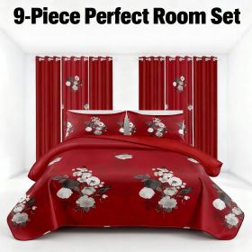 9-Piece Burgundy Red Floral Bedding & Curtain Combo Set, Vibrant Crimson Quilted Bedspread with 6 Light Filtering Window Panels & 2 Shams (Color: Burgundy / Crimson Red Floral, size: Cal King)