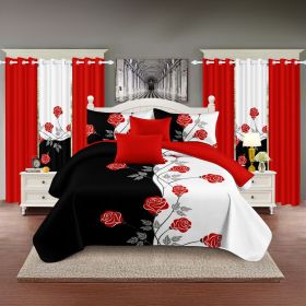 9-Piece Red Rose Bedding & Curtain Set (Queen/King/Cal King) - Quilted Microfiber Bedspread + Sheer Curtains (Color: black/white red flower, size: Cal King)
