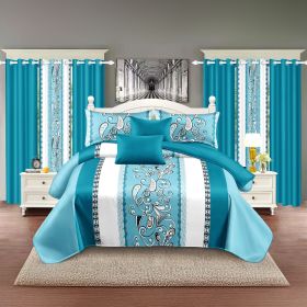9-Piece Turquoise Paisley Bedding & Curtain Set (Queen/King/Cal King) - Quilted Microfiber Bedspread + Sheer Curtains (Color: blue/white stamen, size: Cal King)