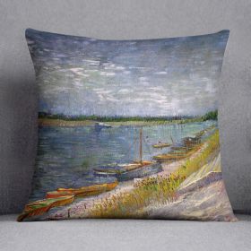 View of a River with Rowing Boats by Van Gogh Cushion (Insert: With Insert, size: 20" x 20")