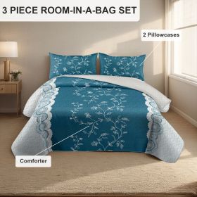3-Piece Teal Lace Floral Bedding Set (Queen/King/Cal King) - Quilted Microfiber Quilt + Pillow Shams (Color: blue flower, size: Cal King)